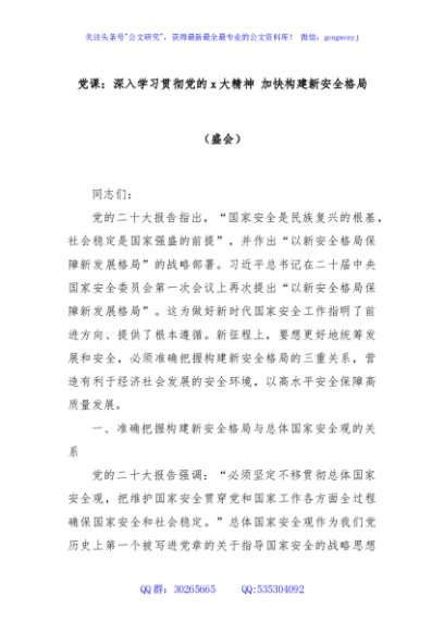党课：深入学习贯彻党的x大精神 加快构建新安全格局（盛会）