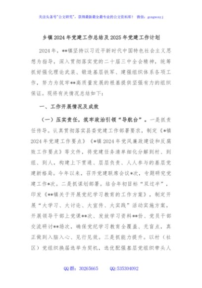 乡镇2024年党建工作总结及2025年党建工作计划
