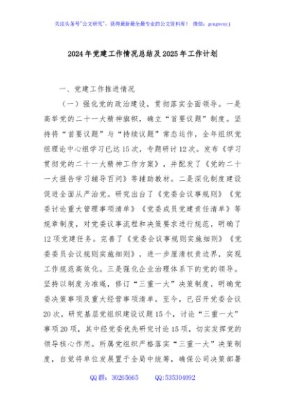 2024年党建工作情况总结及2025年工作计划