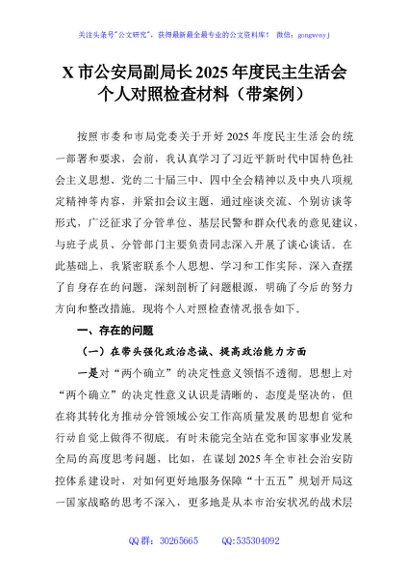 X市公安局副局长2025年度民主生活会个人对照检查材料（带案例）