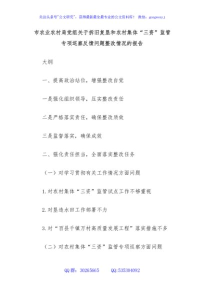 市农业农村局党组关于拆旧复垦和农村集体“三资”监管专项巡察反馈问题整改情况的报告