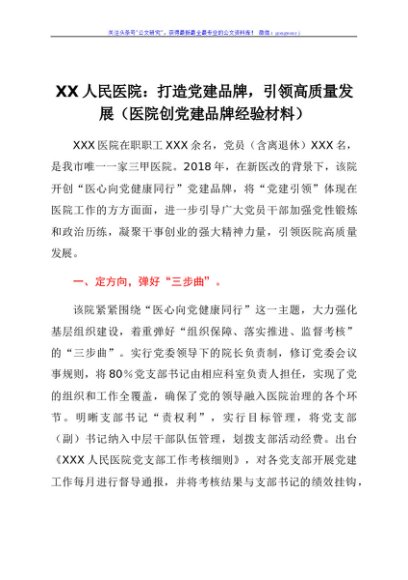 XXX人民医院：打造党建品牌，引领高质量发展（医院创党建品牌经验材料）