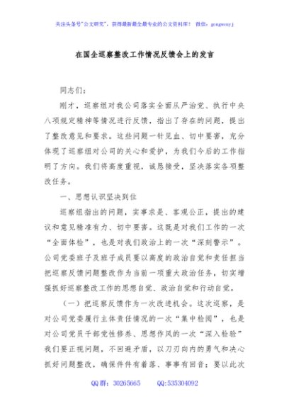 在国企巡察整改工作情况反馈会上的发言