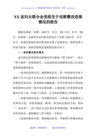 XX县妇女联合会党组关于巡察整改进展情况的报告