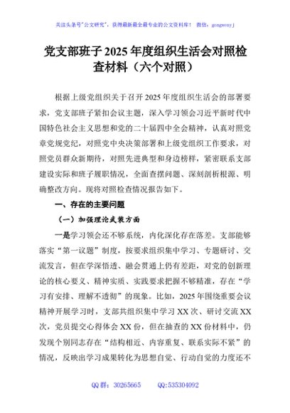 党支部班子2025年度组织生活会对照检查材料（六个对照）