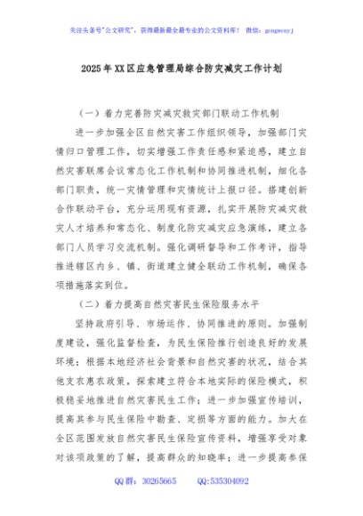 2025年XX区应急管理局综合防灾减灾工作计划