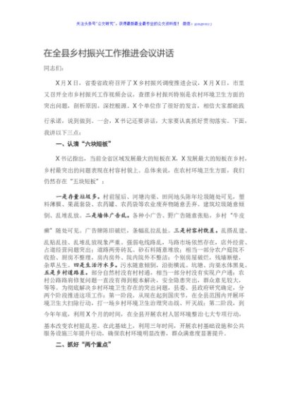 在全县乡村振兴工作推进会议讲话