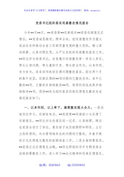党委书记组织落实巡察整改情况报告 - 副本