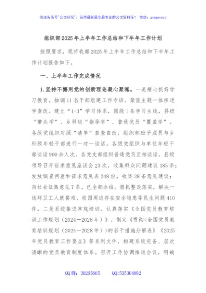 组织部2025年上半年工作总结和下半年工作计划