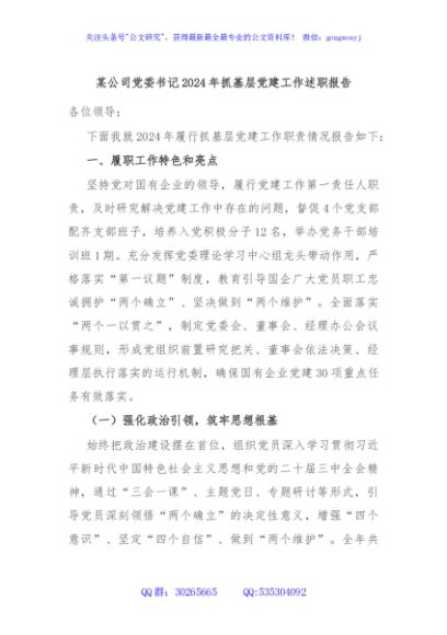 某公司党委书记2024年抓基层党建工作述职报告