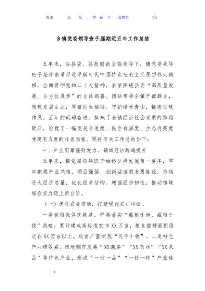 乡镇党委领导班子届期近五年工作总结