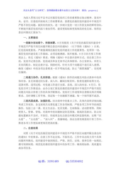 党的基层组织建设中不规范不严格不到位问题自查报告