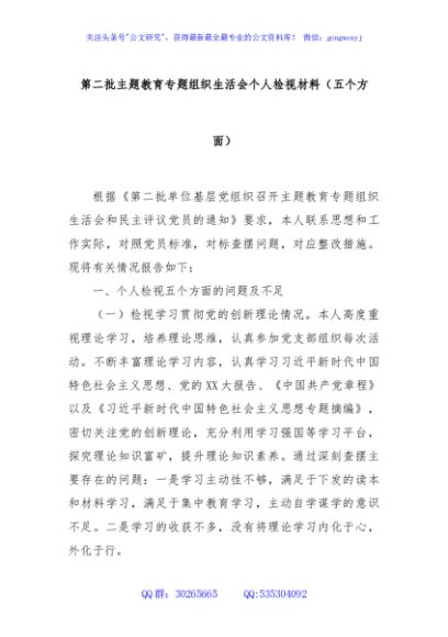 第二批主题教育专题组织生活会个人检视材料（五个方面）