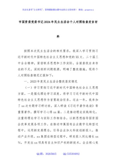 市国资委党委书记2024年民主生活会个人对照检查发言材料