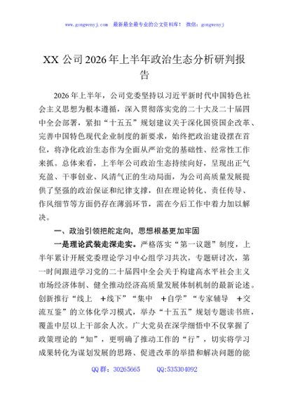 XX公司2026年上半年政治生态分析研判报告