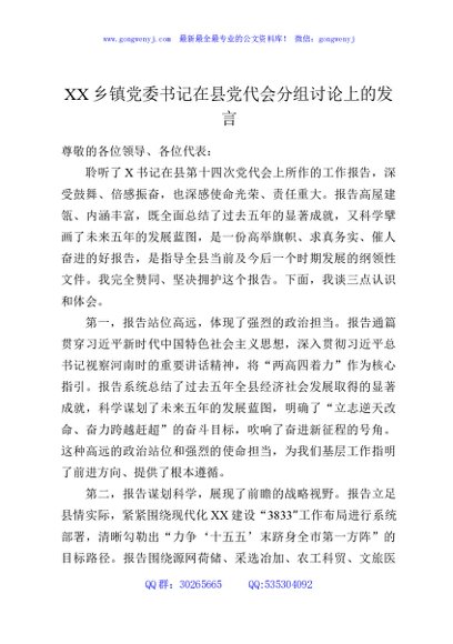XX乡镇党委书记在县党代会分组讨论上的发言1