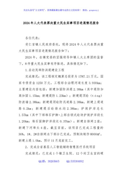 2024年人大代表票决重大民生实事项目进展情况报告