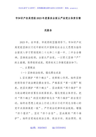 市知识产权局党组2023年度落实全面从严治党主体责任情况报告