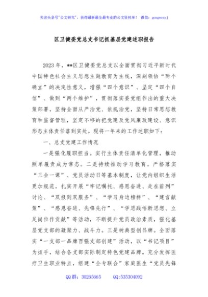 区卫健委党总支书记抓基层党建述职报告