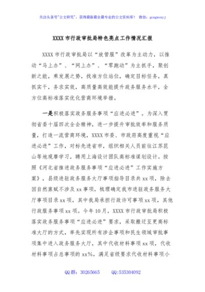XXXX市行政审批局特色亮点工作情况汇报
