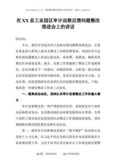 在XX县工业园区审计巡察反馈问题整改推进会上的讲话