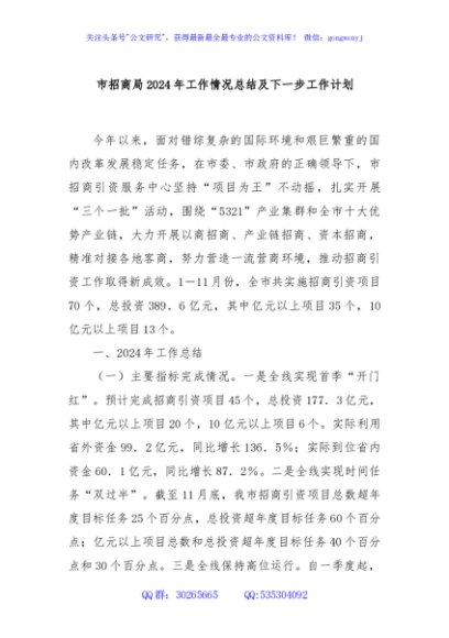 市招商局2024年工作情况总结及下一步工作计划