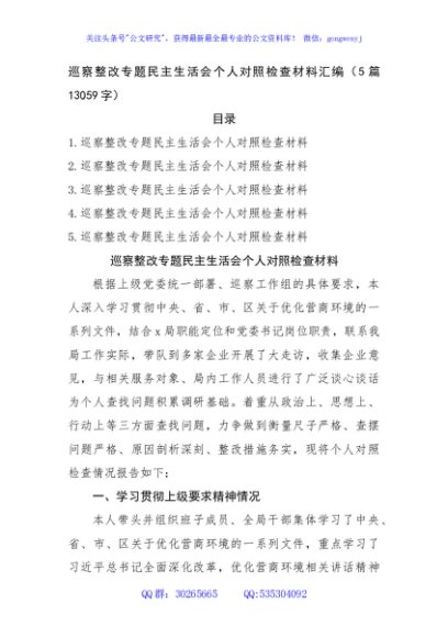 巡察整改专题民主生活会个人对照检查材料汇编（5篇13059字）