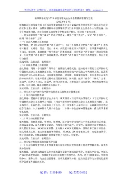 领导班子成员2022年度专题民主生活会查摆问题整改方案