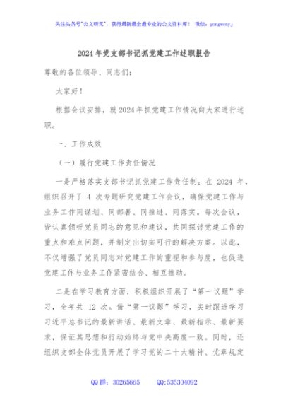 2024年党支部书记抓党建工作述职报告