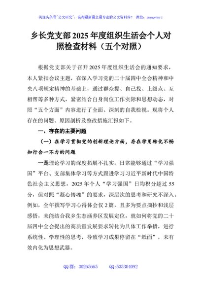乡长党支部2025年度组织生活会个人对照检查材料（五个对照）