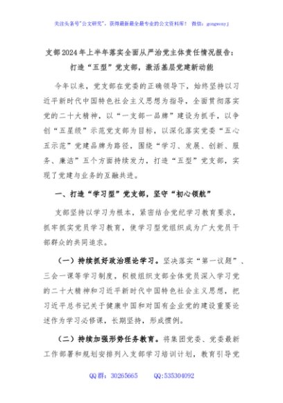 支部2024年上半年落实全面从严治党主体责任情况报告：打造“五型”党支部，激活基层党建新动能
