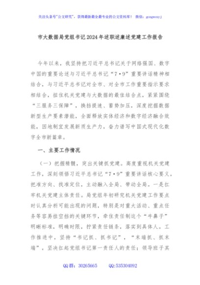 市大数据局党组书记2024年述职述廉述党建工作报告