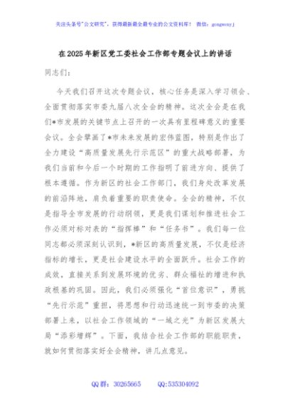 在2025年新区党工委社会工作部专题会议上的讲话