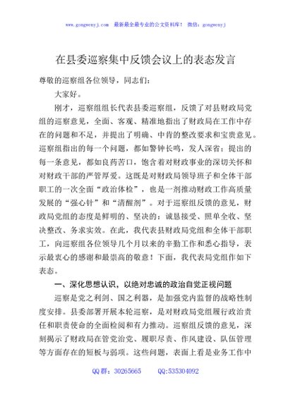 在县委巡察集中反馈会议上的表态发言