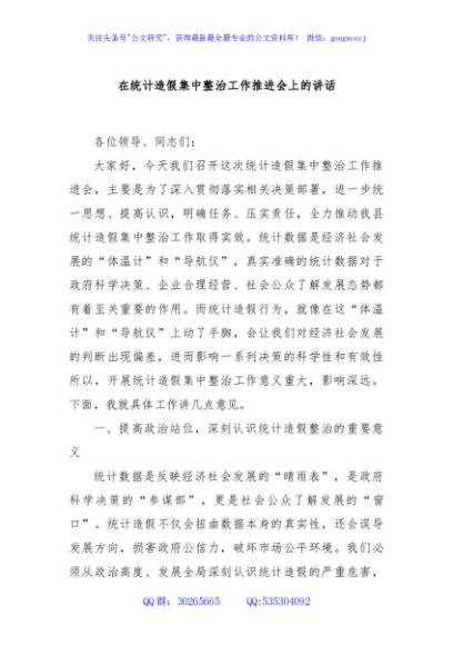 在统计造假集中整治工作推进会上的讲话