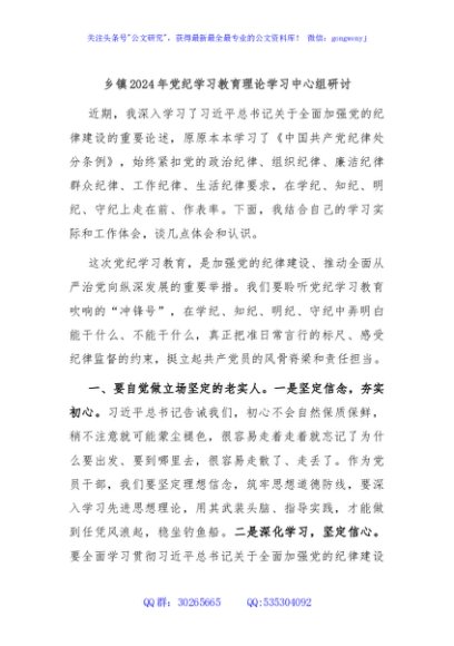 乡镇2024年党纪学习教育理论学习中心组研讨