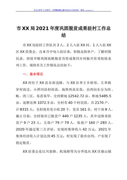 市XX局2021年度巩固脱贫成果驻村工作总结