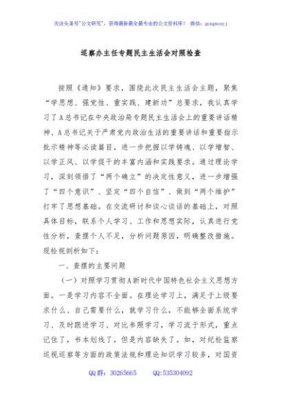 巡察办主任专题民主生活会对照检查