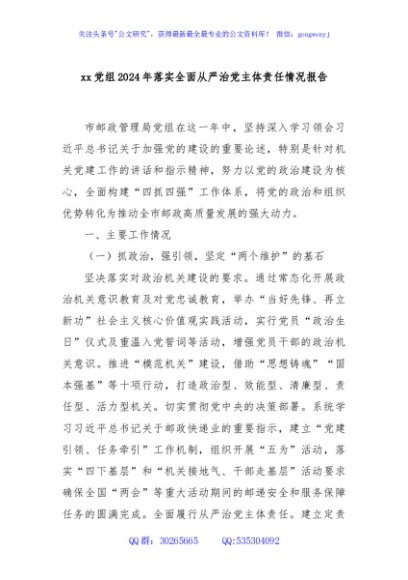 xx党组2024年落实全面从严治党主体责任情况报告
