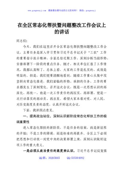 在全区常态化帮扶暨问题整改工作会议上的讲话