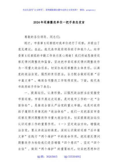 2024年巡察整改单位一把手表态发言