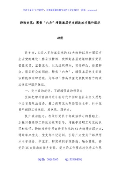 经验交流：聚焦“六力”增强基层党支部政治功能和组织功能