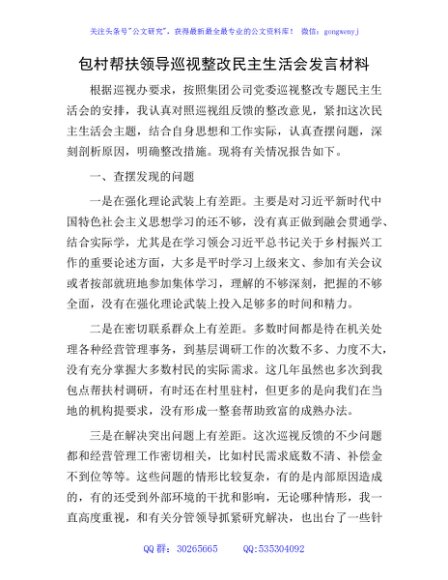 包村帮扶领导巡视（巡察）整改民主生活会发言（公司2000字）