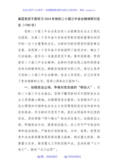 基层党员干部学习2024年党的二十届三中全会精神研讨发言（1783字）