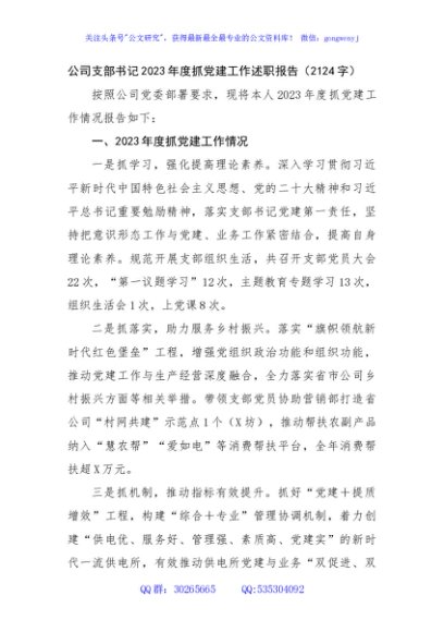 国企支部书记2023年度抓党建工作述职报告
