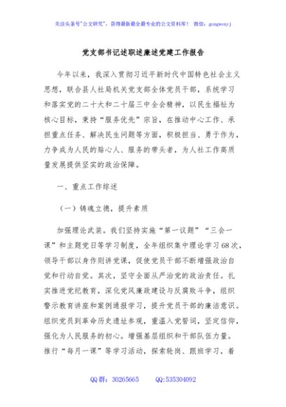 党支部书记述职述廉述党建工作报告