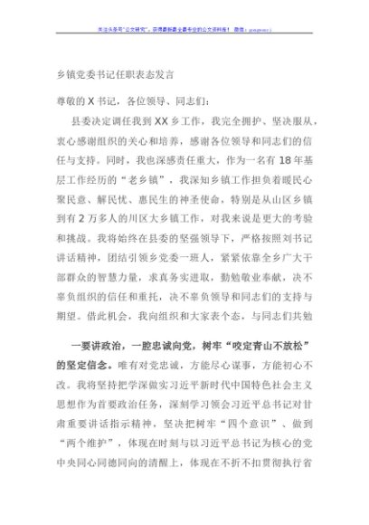 乡镇党委书记任职表态发言