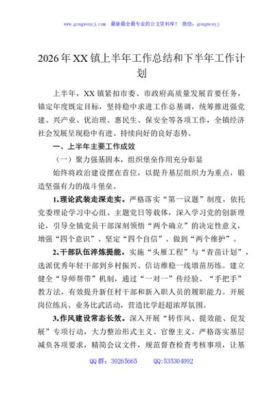 2026年XX镇上半年工作总结和下半年工作计划
