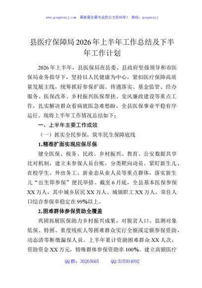县医疗保障局2026年上半年工作总结及下半年工作计划