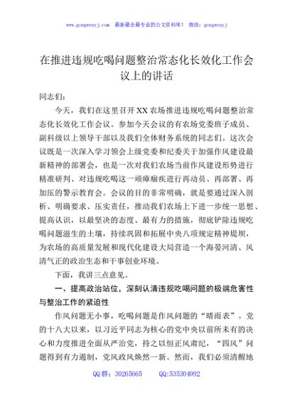 在推进违规吃喝问题整治常态化长效化工作会议上的讲话